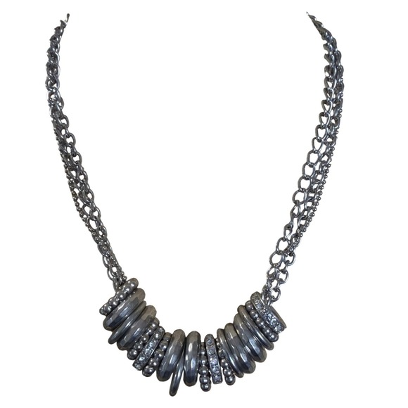 Jewelry - Silver Tone Multi Strand Layered Statement Necklace Mixed Rings Crystal Accents